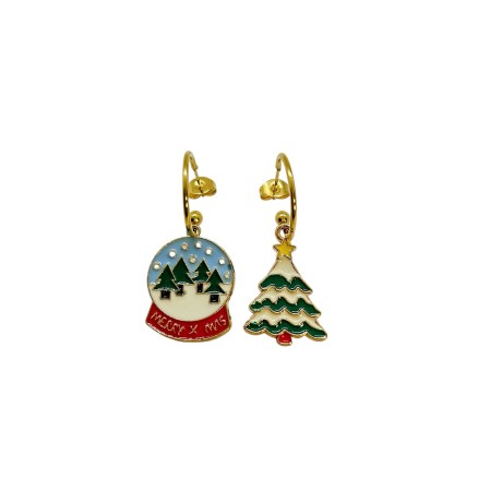 earrings steel gold hoops with tree and snowball